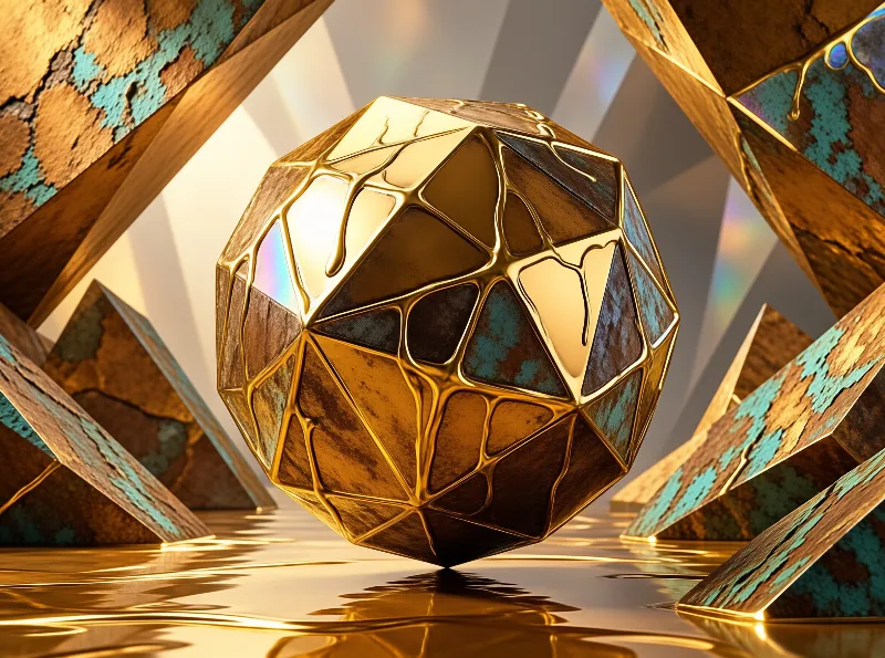 A faceted orb of turquoise plates bound by glowing metal seams hovers above a rippling surface of gold