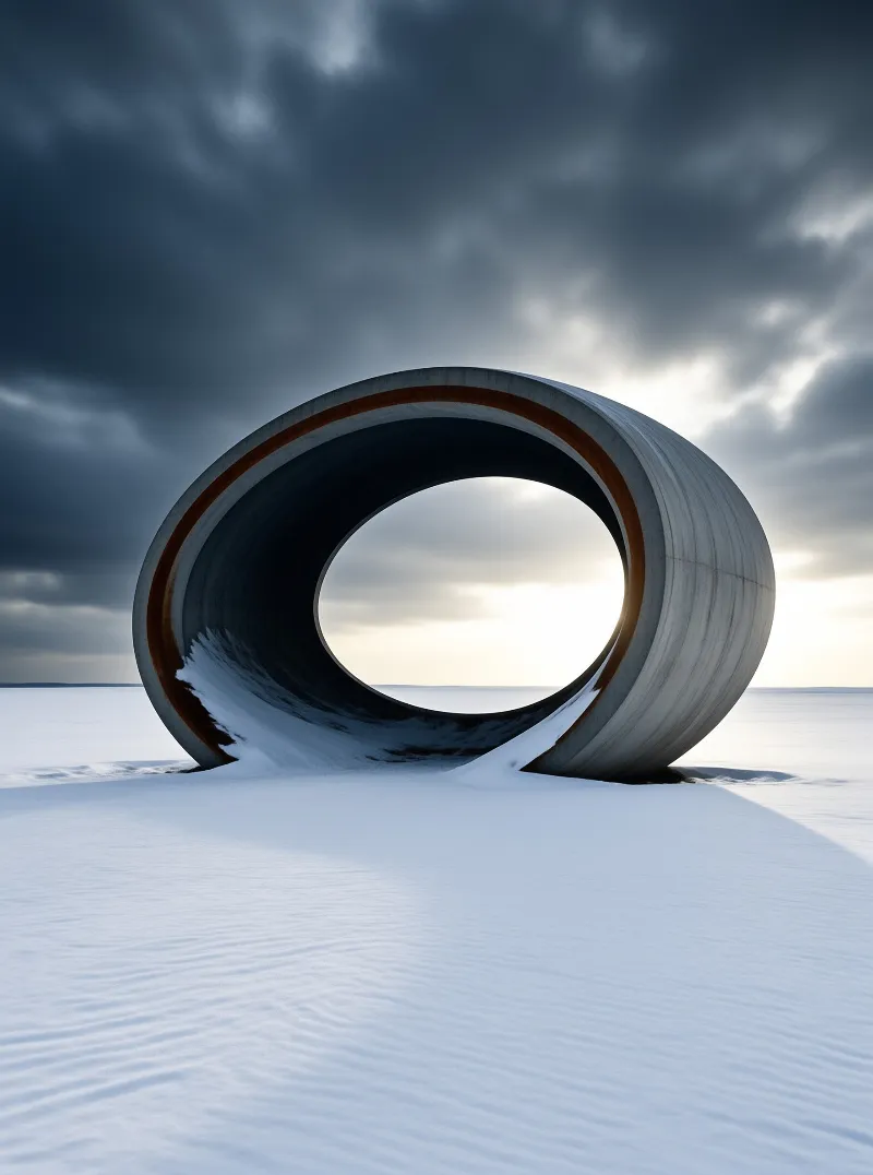 A massive curved tunnel rests on a vast white frozen plain with glowing light breaking through dark clouds.