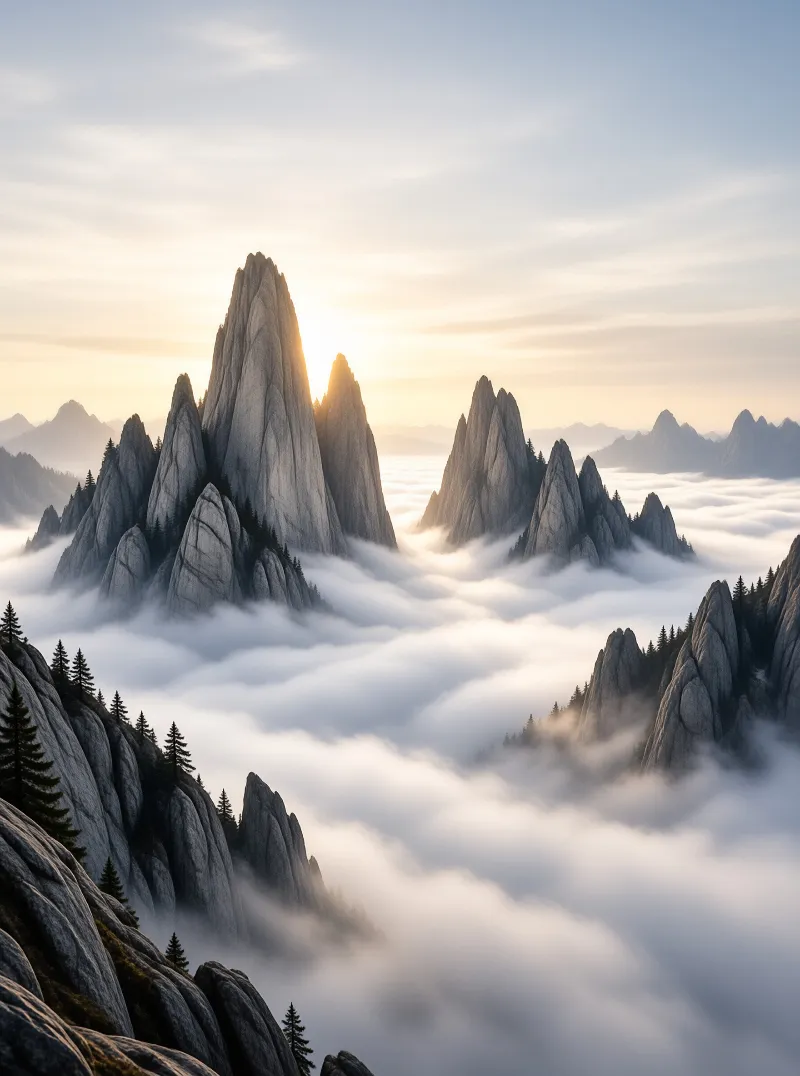 Jagged rock formations rise above a thick layer of mist with golden sunlight glowing behind the central peak.