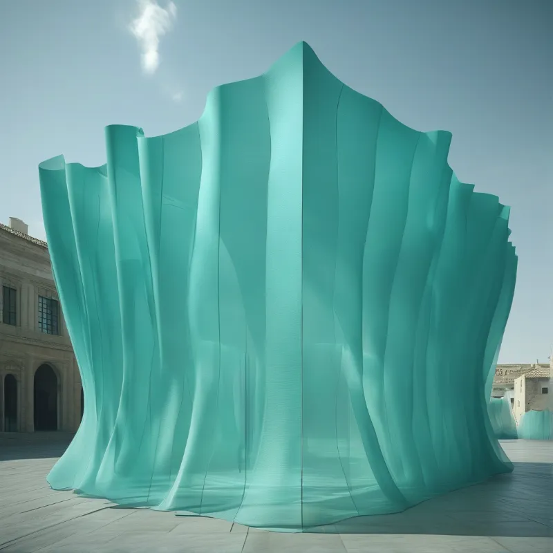 Large pleated teal fabric installation sits on a paved square beside historic stone buildings in bright daylight.