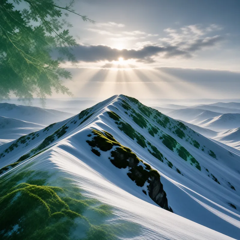 A snowy mountain ridge features green vegetation patches as sunlight streams through clouds above.