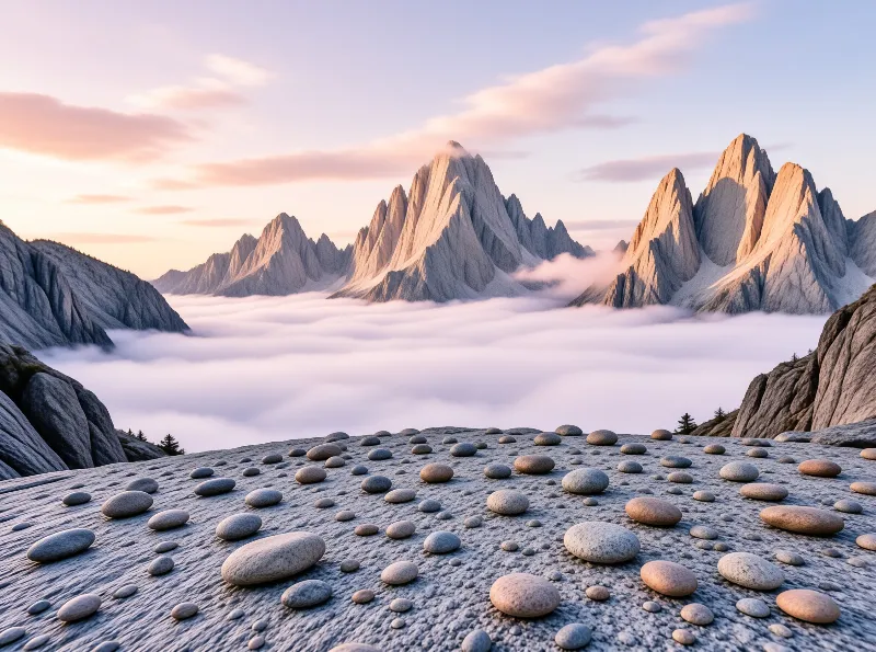 Smooth stones cover the foreground rock while jagged peaks rise above a thick sea of clouds under warm sunset lighting.