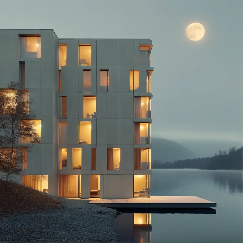 A geometric concrete lakeside lodge glows warm as a full moon rises above calm misty water and forested hills.