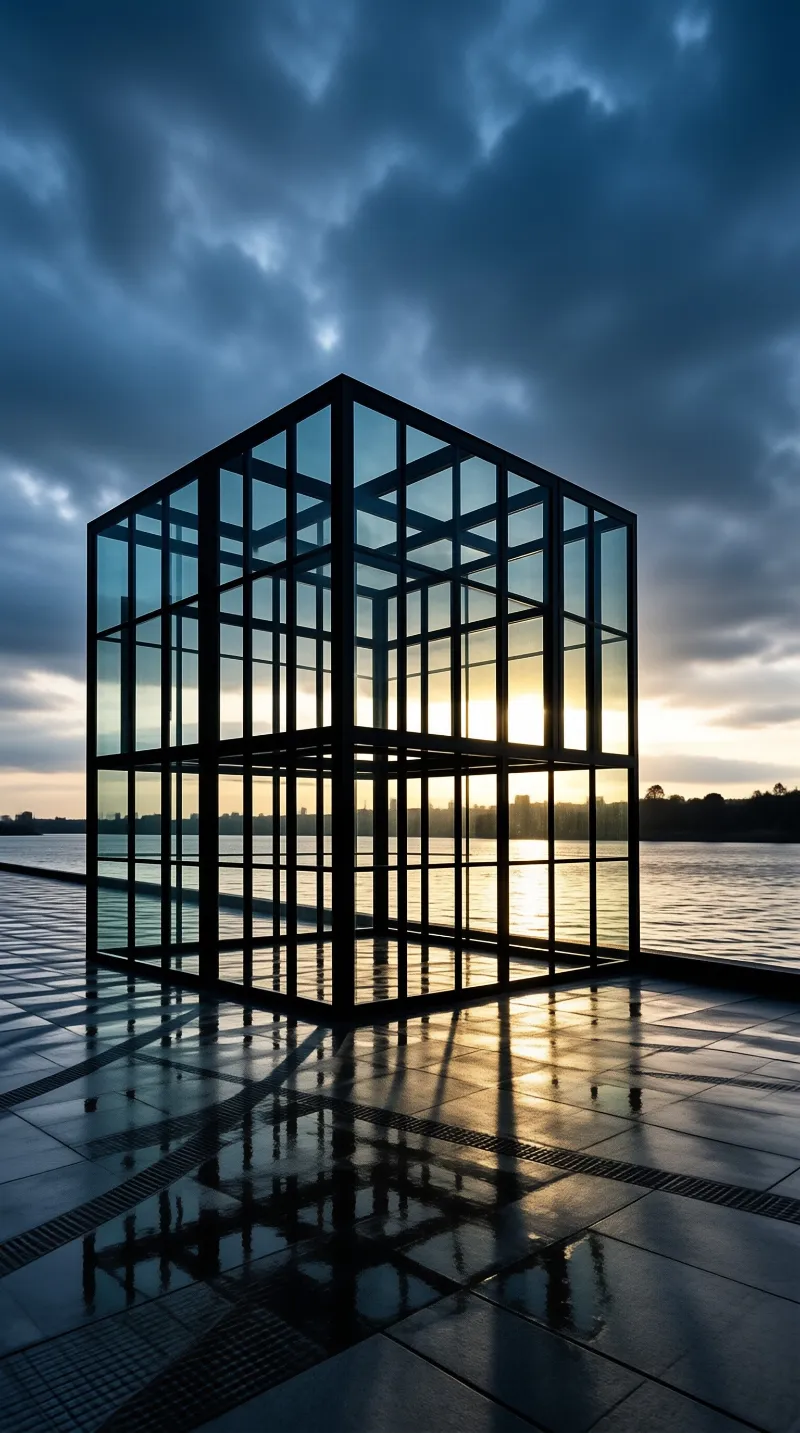 A transparent glass cube stands on wet tiles beside a river under a dramatic sky with golden light reflecting on the ground.