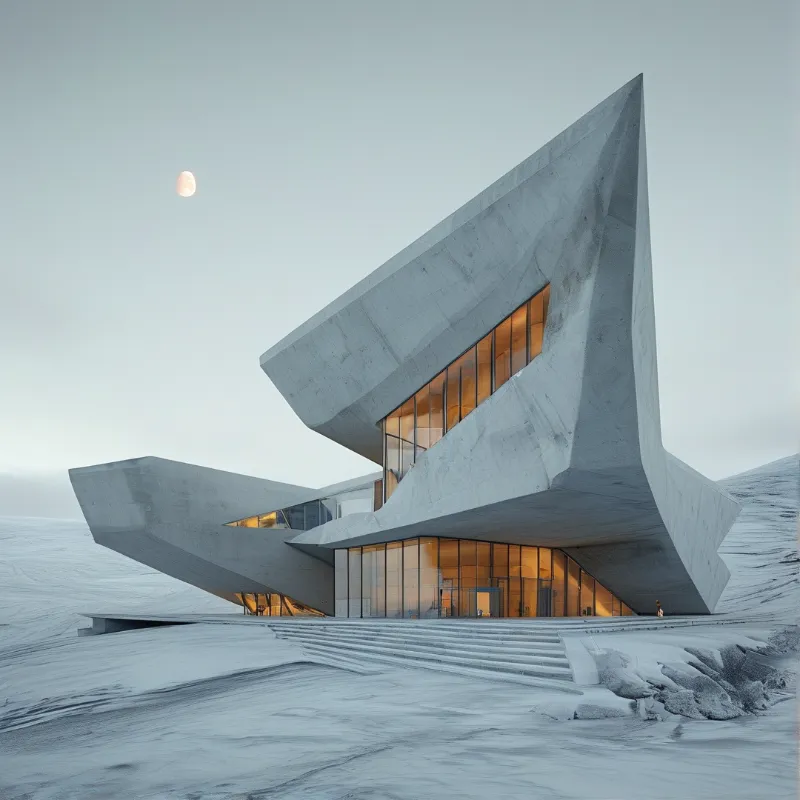 A sharp angular concrete building sits on a vast snow-covered plain at dusk, with a small pale moon in the light grey sky