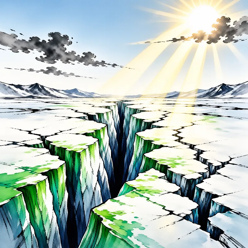 Shattered frozen terrain displays deep teal fissures as radiant light pours down upon the background mountain range.
