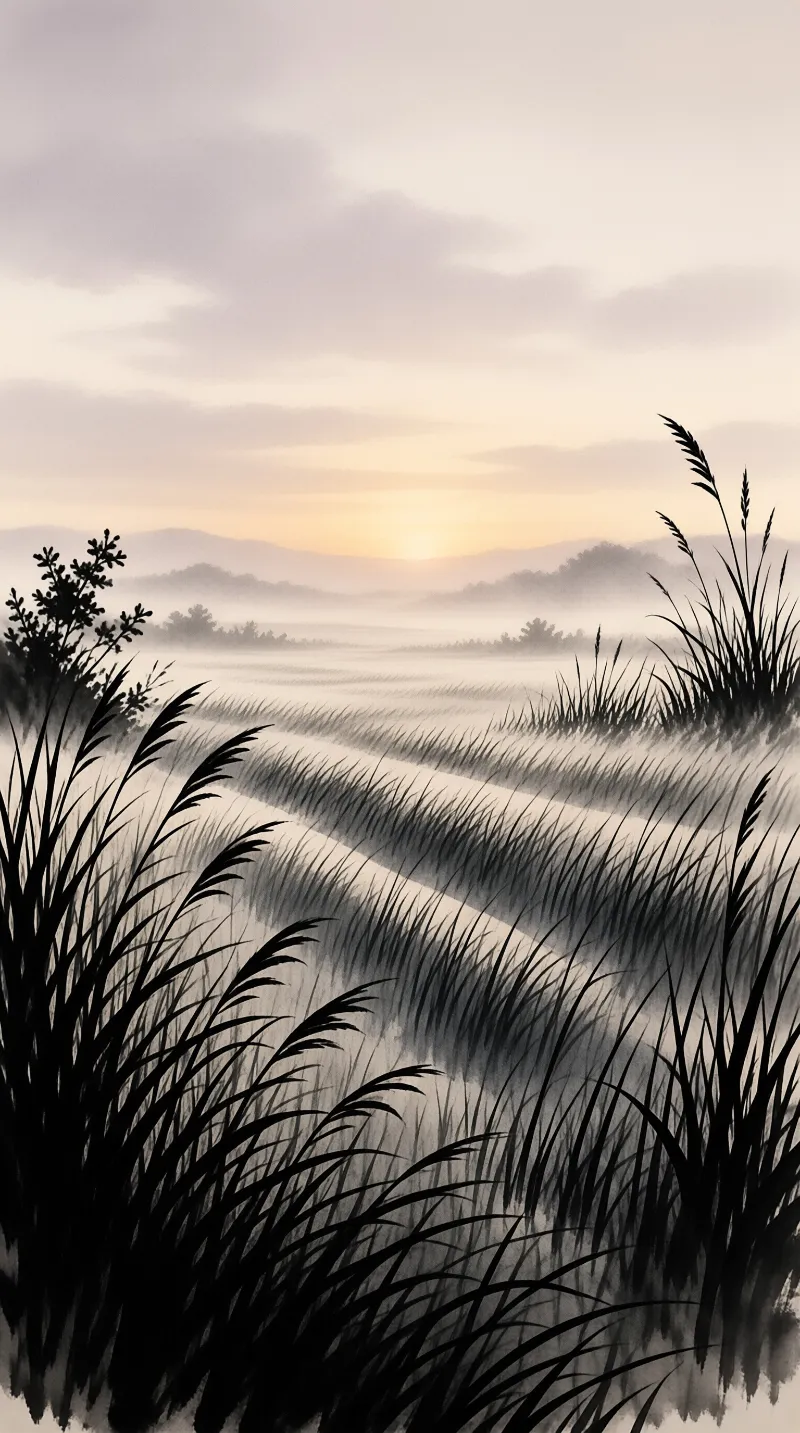 Wild grass silhouettes frame a track leading into a foggy valley beneath a pale orange sunrise horizon.