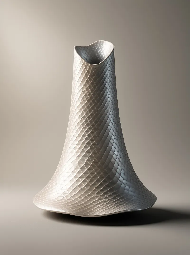 A tall porcelain vessel flares at its base and folds at the rim, its diamond relief pattern catching soft light.