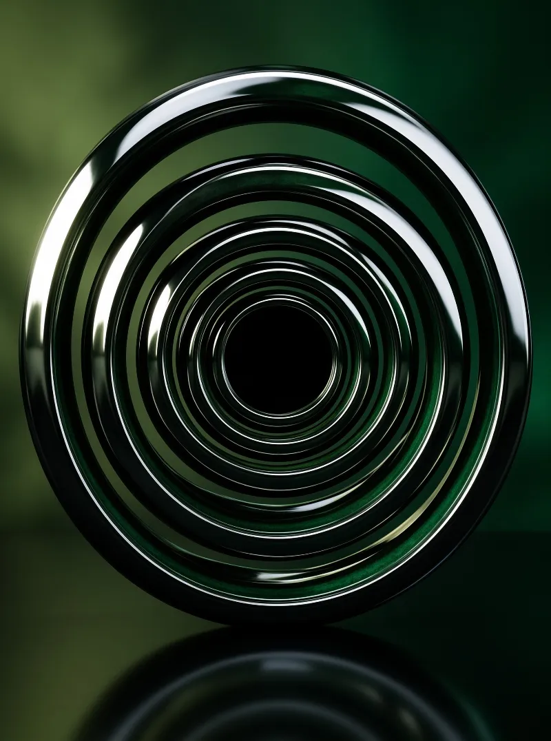 Nested polished hoops recede toward a black center, their mirror curves catching white highlights over an emerald gradient