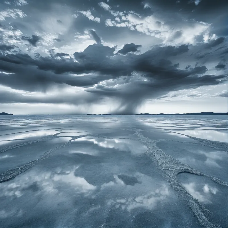 A vast cracked salt flat reflects a brooding blue sky and a heavy storm cloud with a visible rain shaft on the horizon.