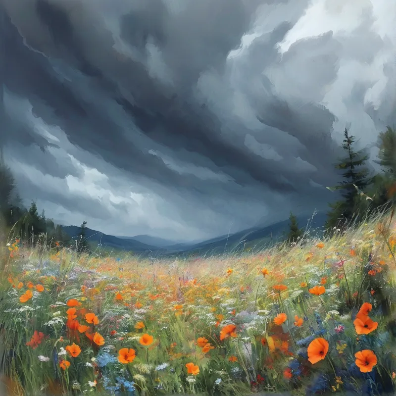 Bright orange poppies and wildflowers fill a meadow beneath a sky of dark, turbulent storm clouds.