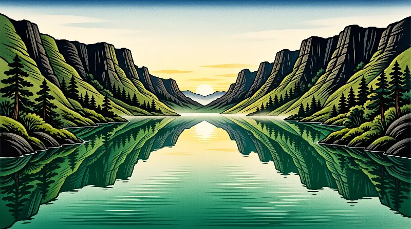 A stylized illustration shows steep green mountains flanking a calm lake that mirrors the sky and a low white sun.
