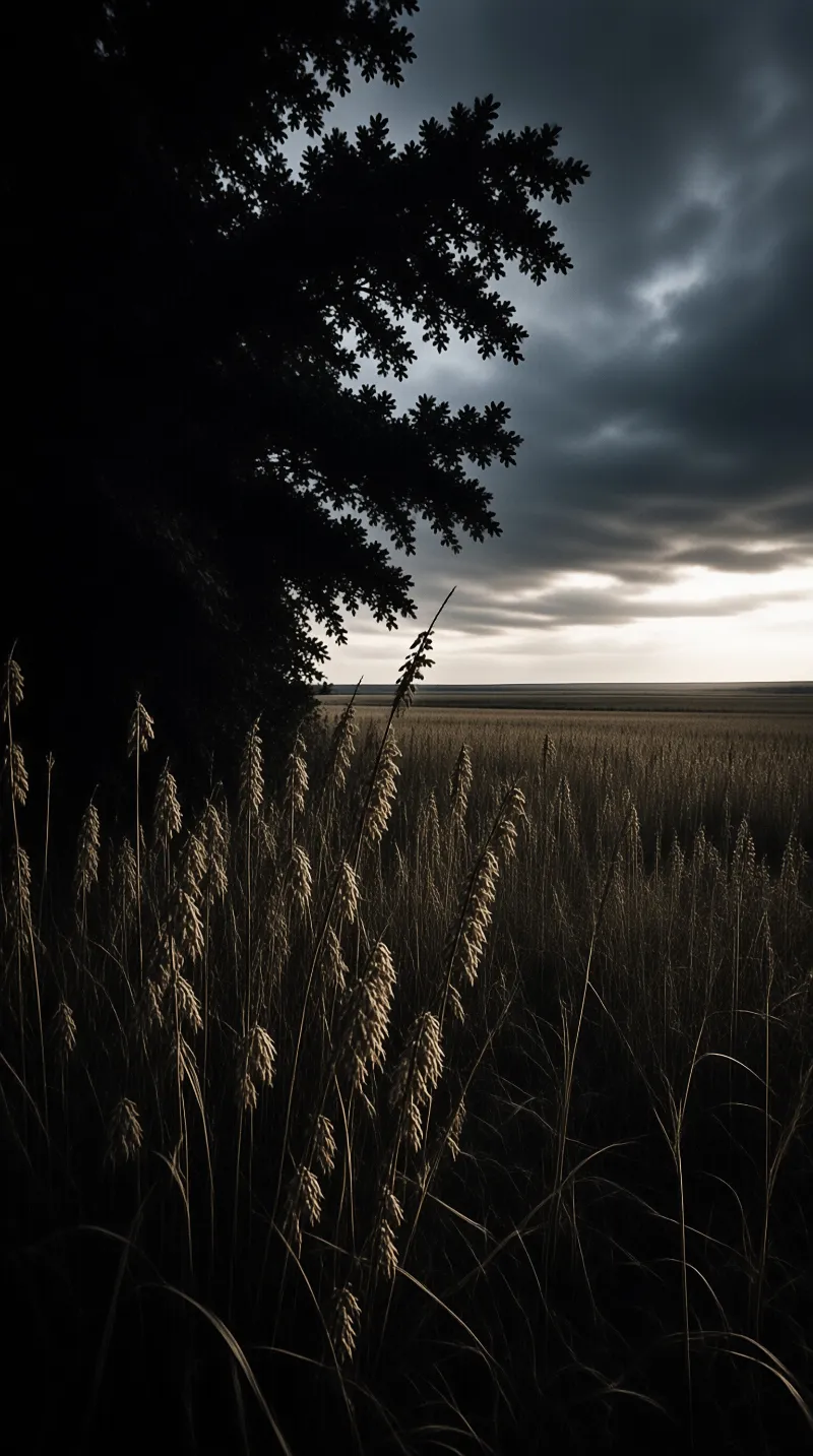 Tall grass heads and tree leaves frame a vast field illuminated by low sunlight breaking through heavy clouds.