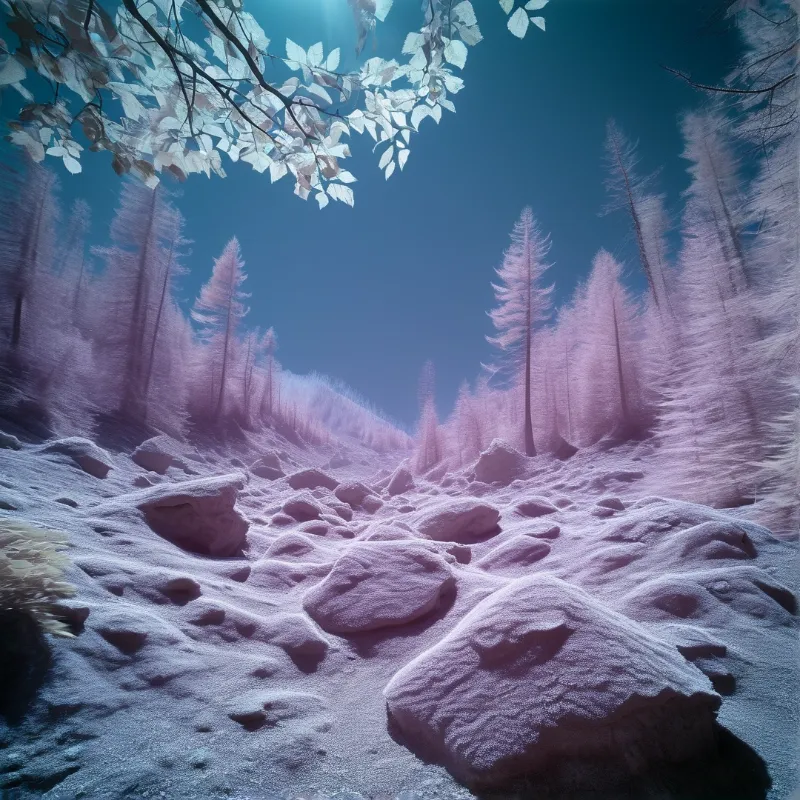 Snow-covered trees and rocks fill a valley under a pale blue sky with frosty branches framing the top of the scene