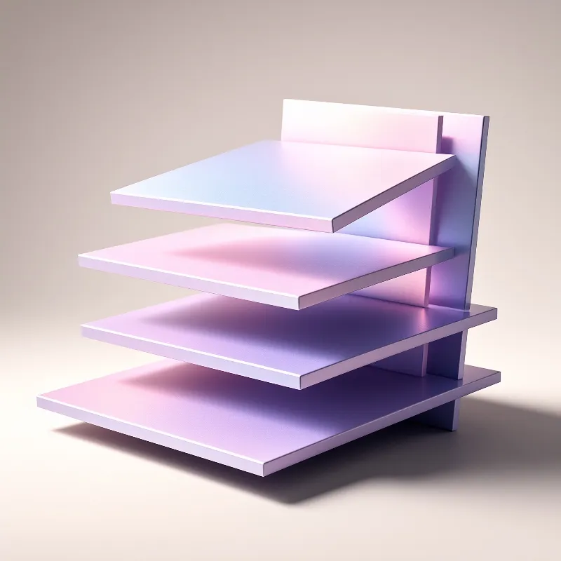 A four-tier pastel pink and purple shelving fixture hovers suspended above a smooth warm beige backdrop, with soft gradient color shifting across its smooth flat surfaces and gentle shadow cast below.