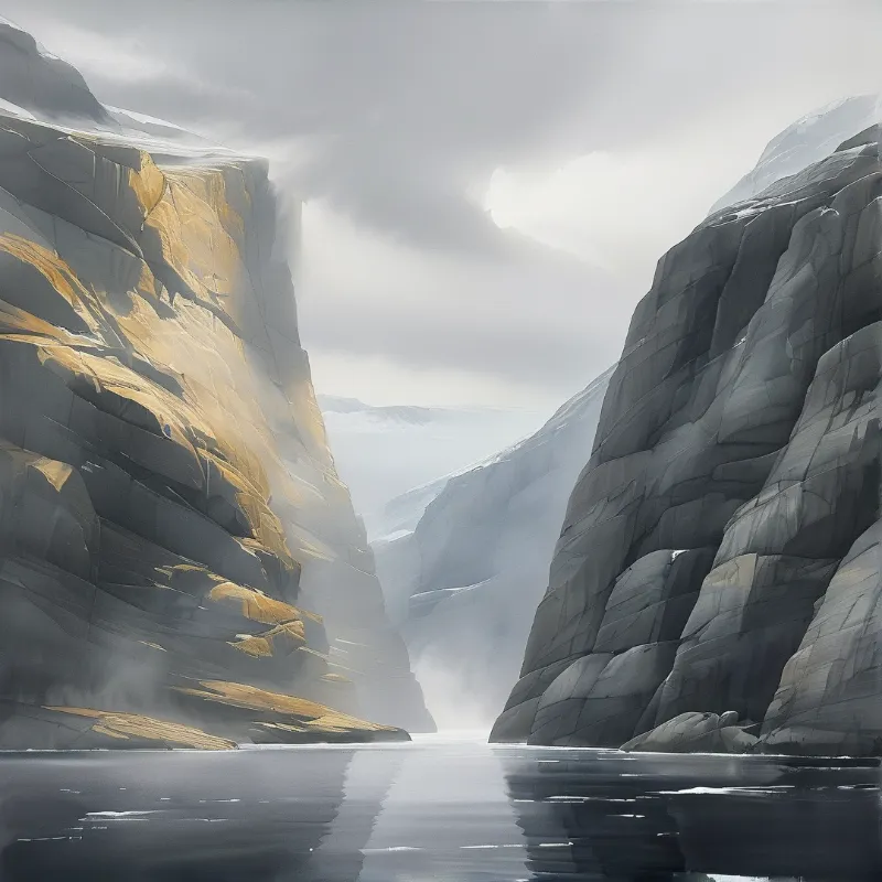 Rugged rock faces rise steeply on either side of a calm stream bathed in soft morning sunlight.