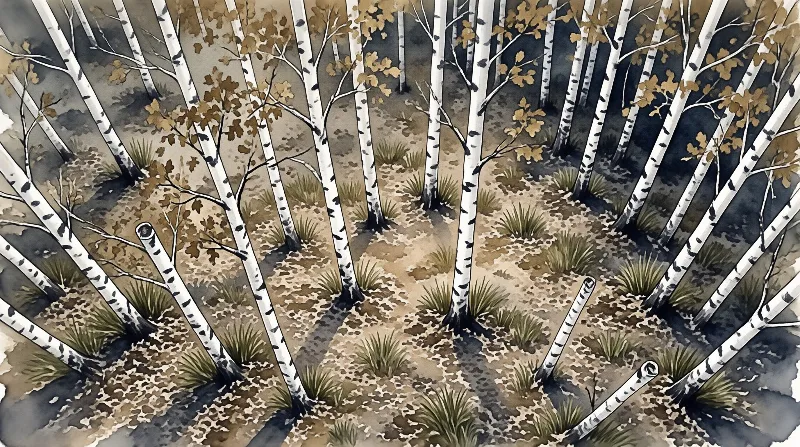 White birch trunks rise vertically through dry brown earth and scattered green grass tufts under soft diffuse light.