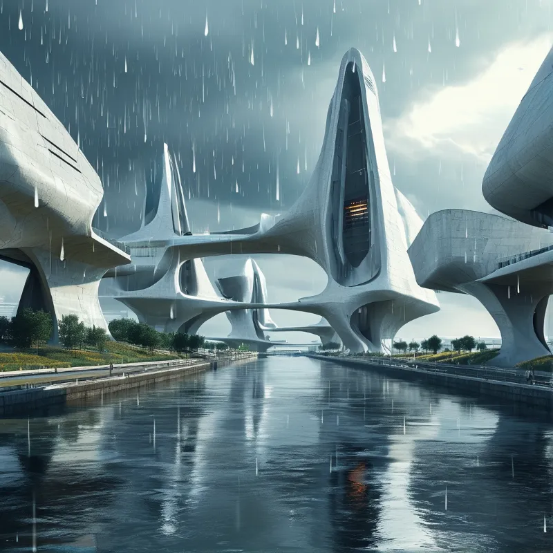 Sleek organic architecture lines a dark waterway during a steady rainstorm.
