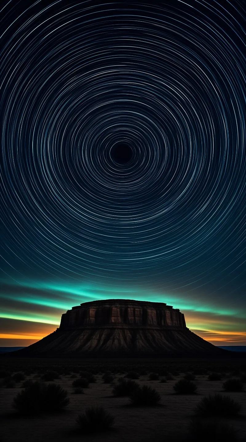 A dark desert butte stands below a night sky filled with concentric star trails and a green aurora glow near the horizon.