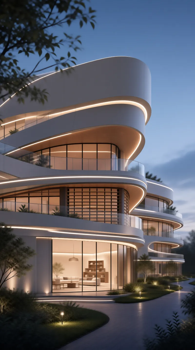 Curved Modern Architecture at Dusk