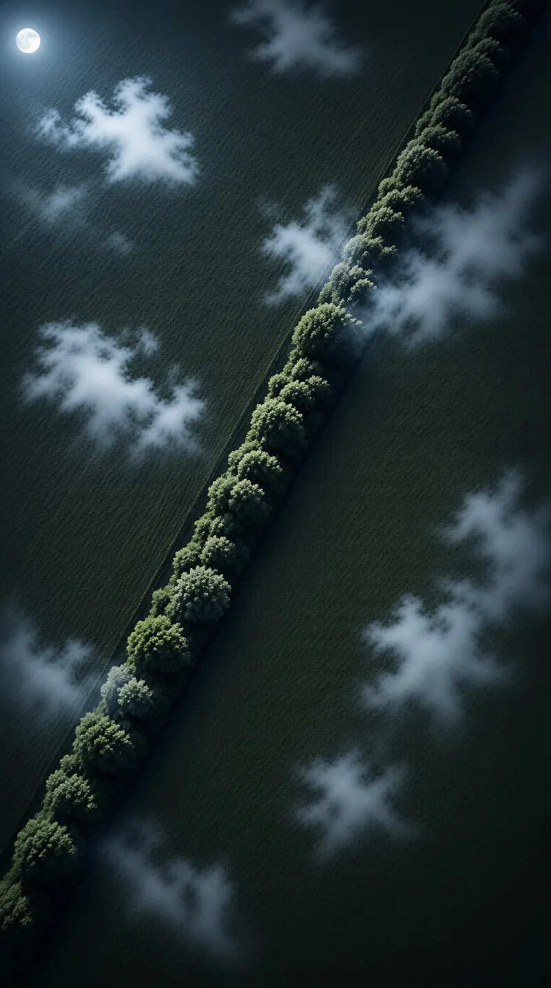 A row of trees stretches diagonally across a dark field under a bright moon with scattered clouds.