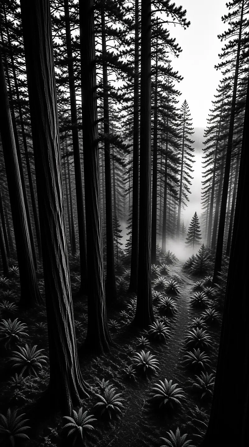 Tall straight bark columns rise out of a fern covered forest floor as pale mist drifts along a narrow footpath.