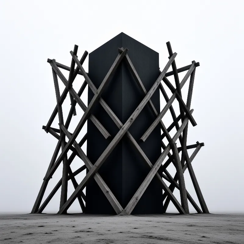 A black geometric monolith stands surrounded by chaotic wooden poles on a misty flat landscape.