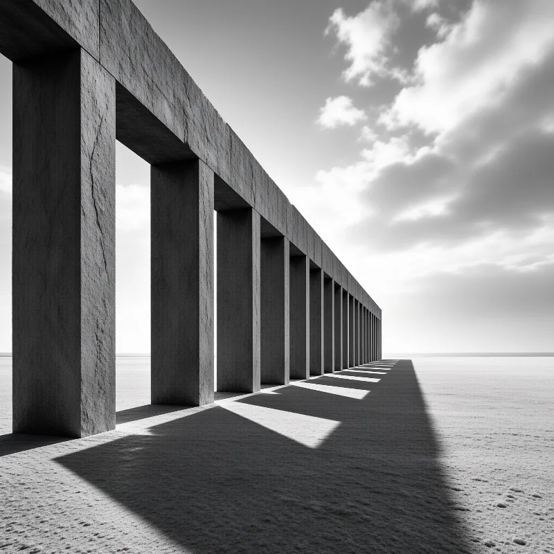 Heavy concrete pillars cast deep geometric shadows across a flat expansive white terrain beneath a cloudy sky.