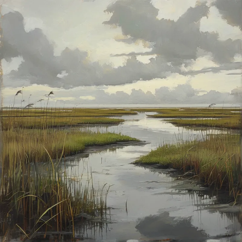 Water channels wind through a green marsh with tall reeds under a sky full of heavy grey clouds.