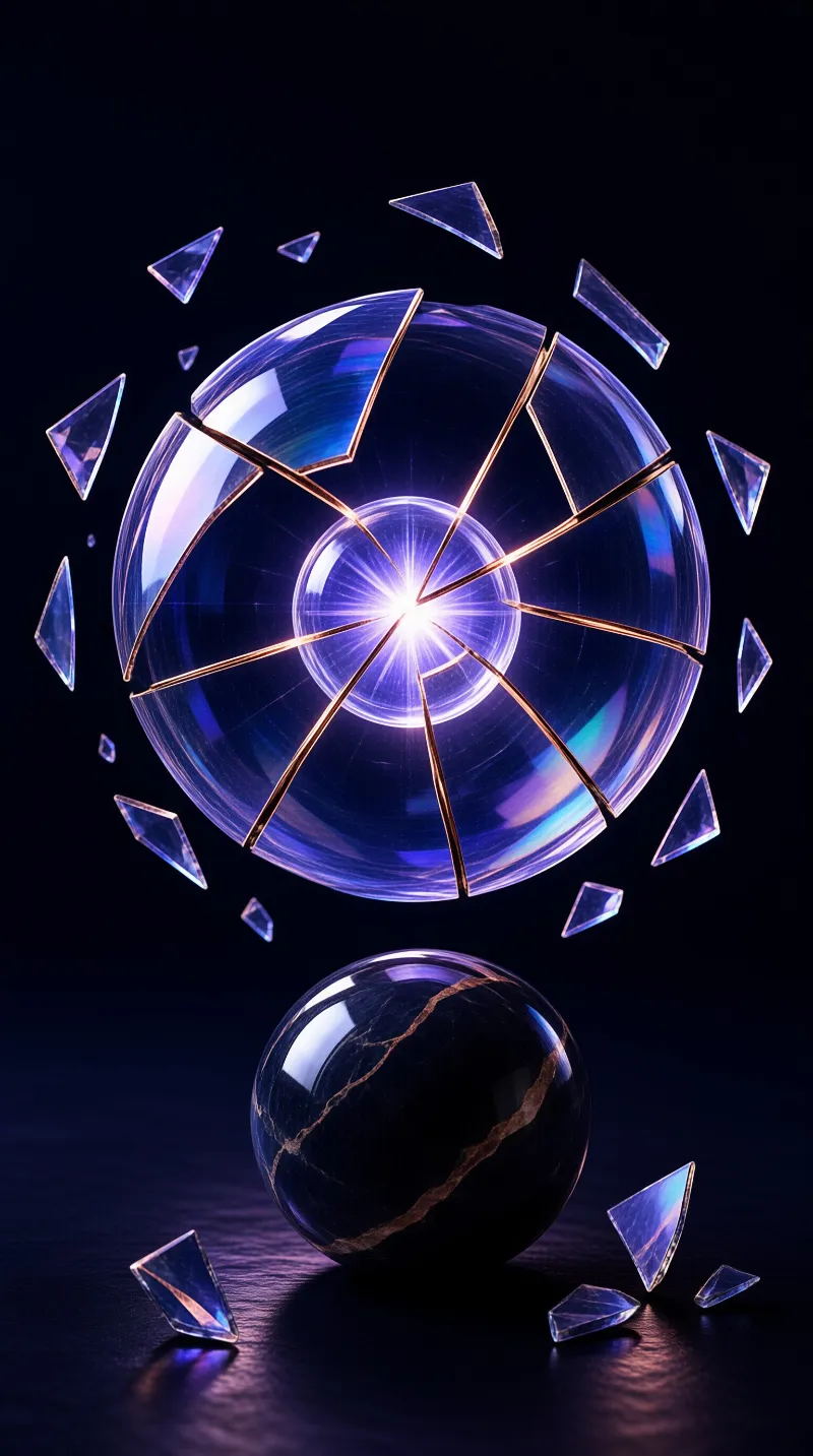 A glowing blue crystal sphere shatters to reveal a bright core while shards float above a dark reflective orb.
