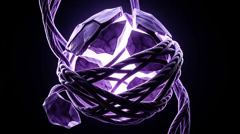 A purple faceted crystal sphere glows from within, wrapped by dark twisted ropes against a black background