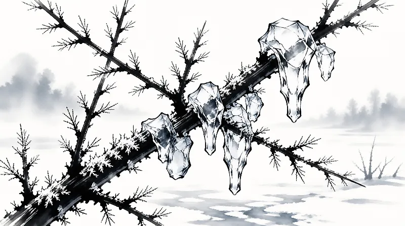 Ink wash illustration of a snow-dusted branch hung with clear icicles over a pale misty field.