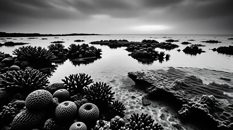 Weathered coral colonies emerge from mirror-still water beneath a heavy, clouded sky in a monochrome coastal scene.