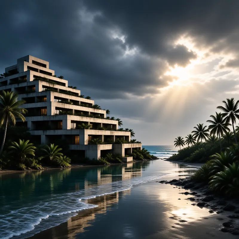 Massive stepped concrete structure beside calm turquoise water with palms and a bright sunbeam through dark storm clouds.