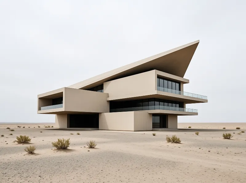 An angular concrete house with cantilevered roof planes and glass balconies stands alone in an empty sandy landscape