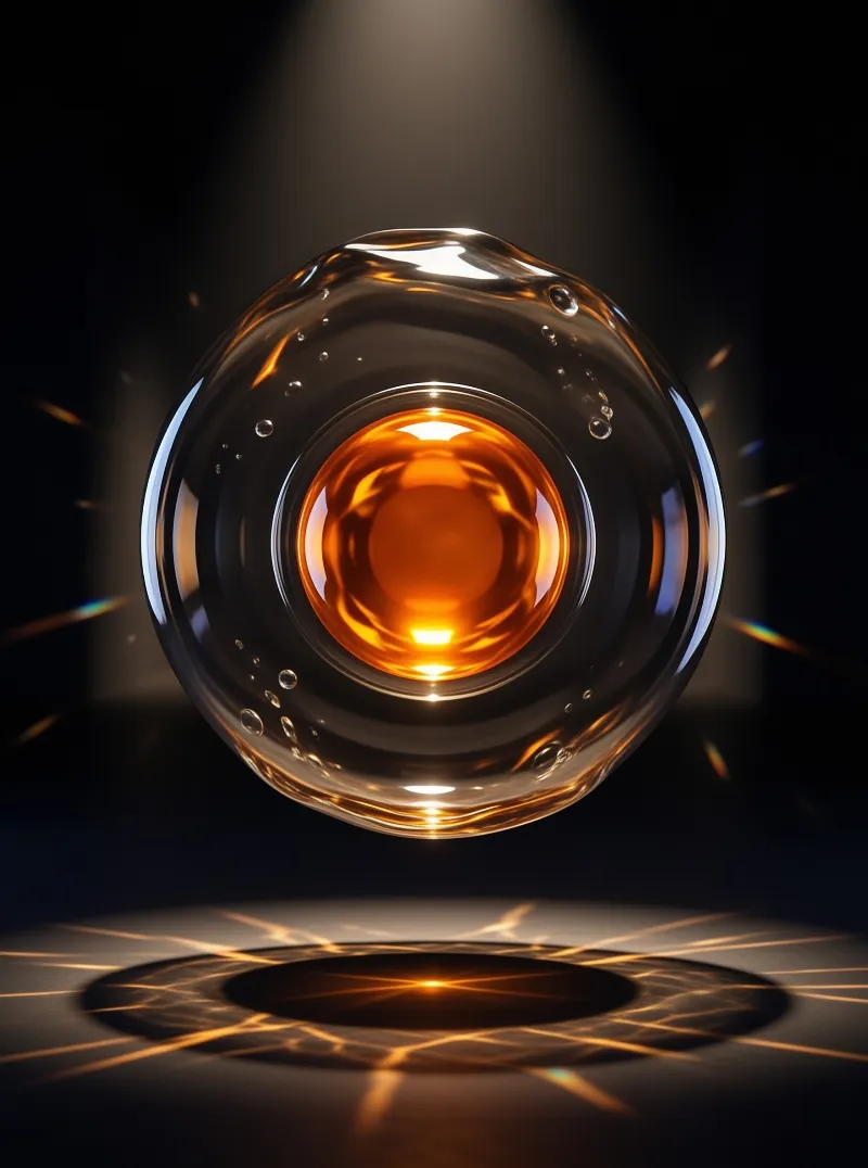 A clear sphere filled with glowing amber liquid hangs above a ring of refracted light.