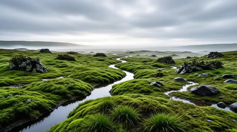 Misty Green Stream Landscape