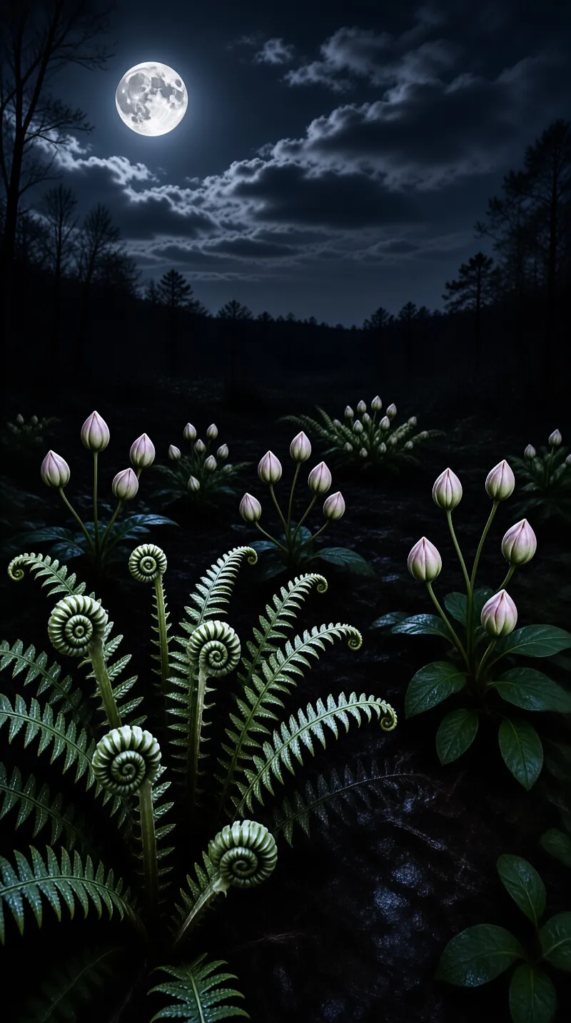 Ferns with tightly curled fiddleheads and pale pink flower buds grow in a dark forest under a bright full moon.