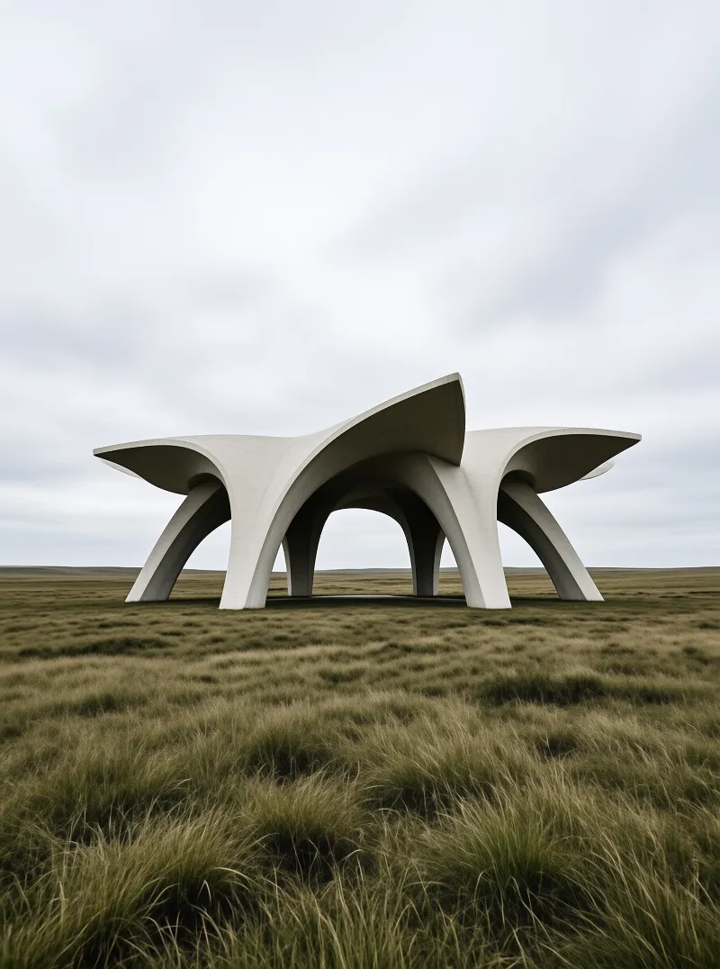 A large white curved architectural form stands alone amidst expansive green grass under a cloudy sky.