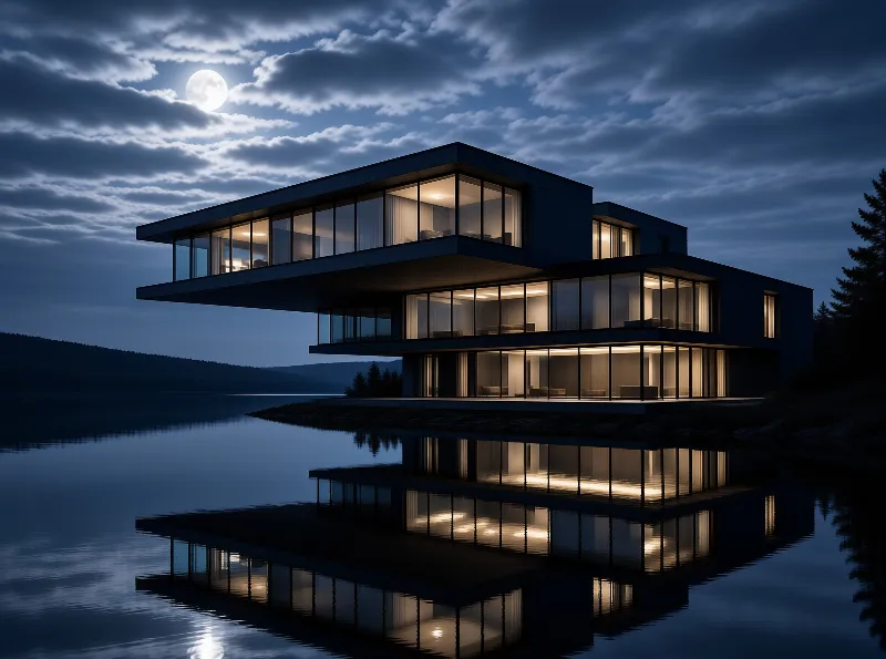 A modern lakefront house glows with warm light during a moonlit night while its structure mirrors in the foreground water.