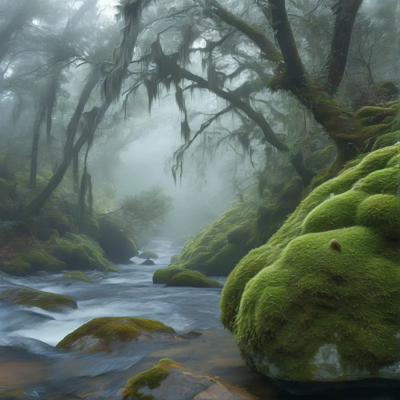 A soft stream flows over moss-covered boulders beneath dripping trees wrapped in pale fog inside a lush rainforest.