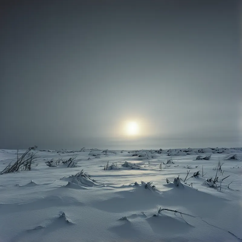 Expansive snow drifts scattered with bare twigs are illuminated by a low sun glowing through a gray hazy sky.