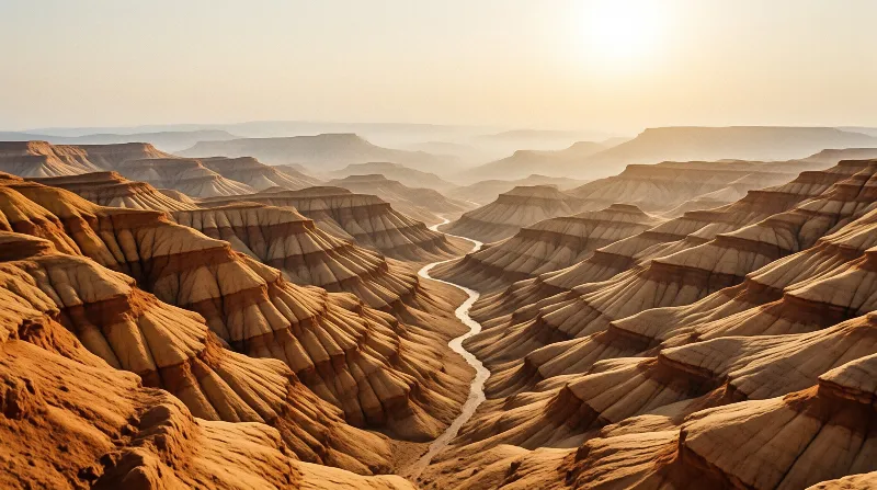 A reflective river snakes through layered orange rock formations in a vast desert landscape under warm light.