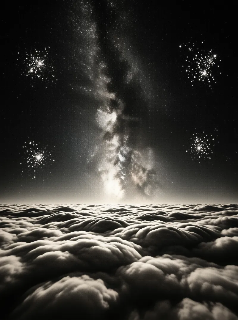A vertical band of the Milky Way galaxy dominates a starry night sky positioned above a vast textured sea of rolling clouds.