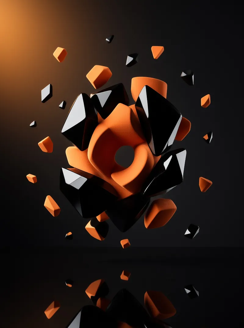 A vibrant orange abstract sculpture fractures into glossy black geometric shards against a dark gradient background.