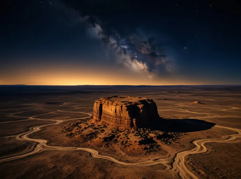 A flat topped rock formation stands in a vast desert with winding dirt roads under a bright star field and warm horizon glow.