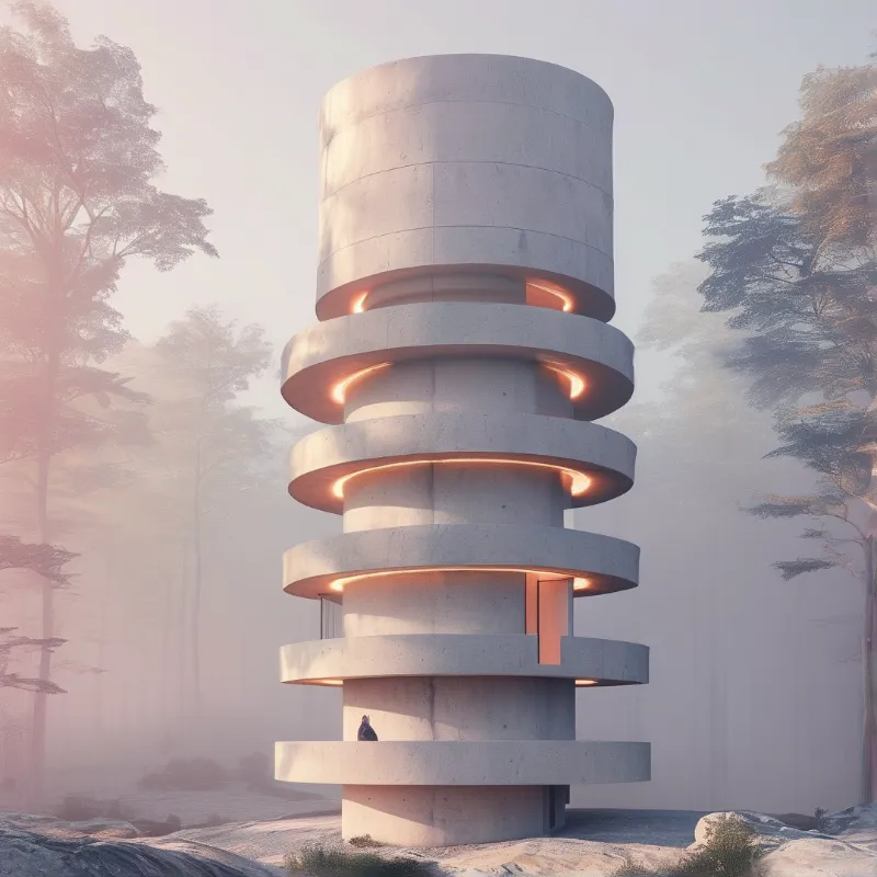 A multi-level raw concrete cylinder stands at a foggy forest edge, warm light spills from each curved outer tier.