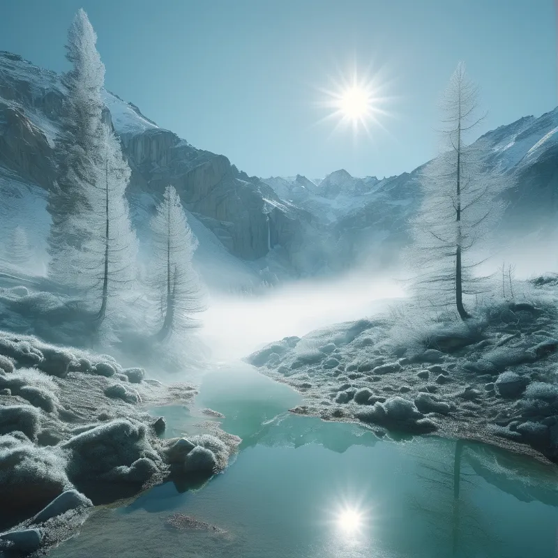 A brilliant sun shines over a frozen river winding through a snowy mountain valley filled with rising mist.
