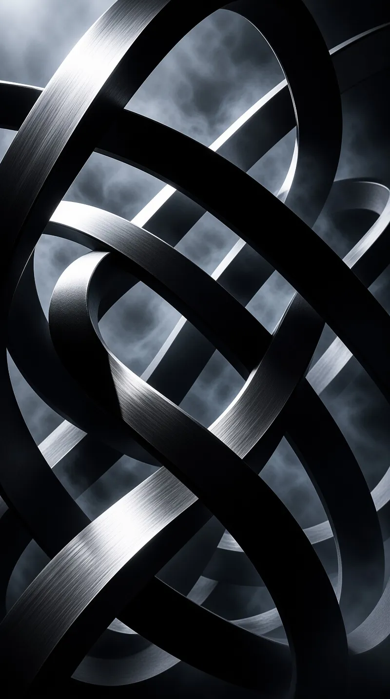 Metallic ribbons twist to form an abstract shape against a soft cloudy sky with bright highlights on their brushed surfaces.