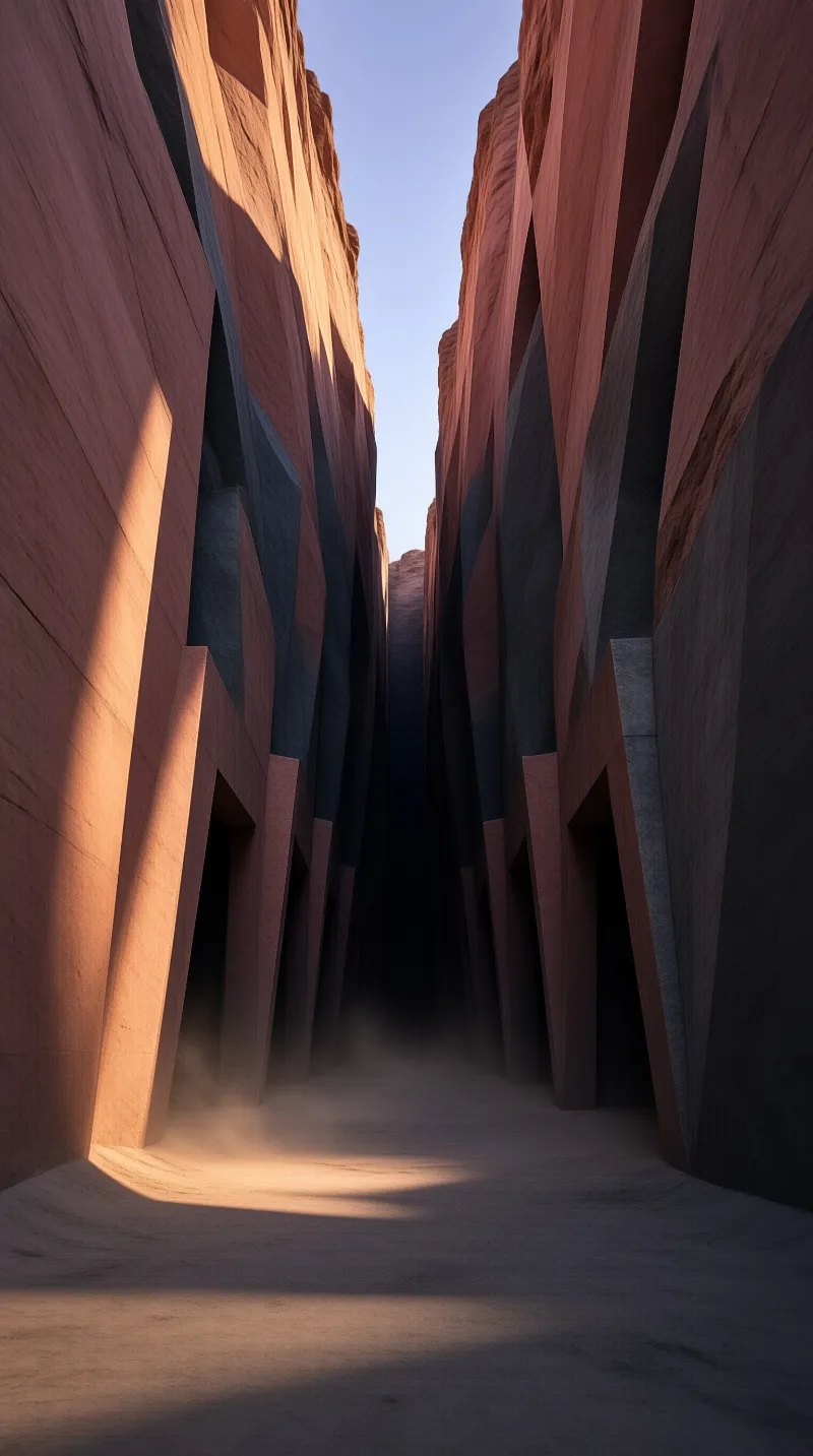 A view looking down a narrow slot canyon where angular red rock walls rise steeply on both sides, casting long dark shadows across the sandy floor while a sliver of blue sky remains visible above the ridge.